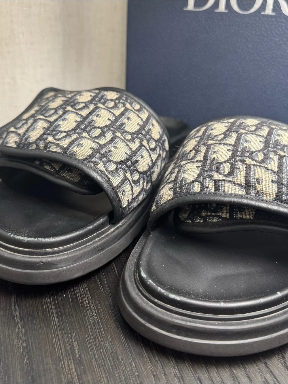 Christian Dior Men's Aqua Slide Sandals Oblique Jacquard 44